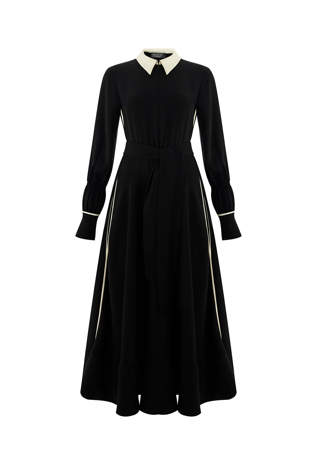 Exquise-Uzun Kollu Kuşaklı Düşük Bel Regular Siyah Midi Elbise-ELBİSE-6-Milagron.com