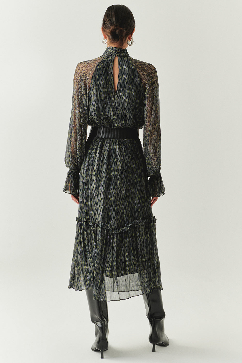 Exquise-Uzun Kollu Regular Kemerli Şifon Midi Çok Renkli Elbise-ELBİSE-3-Milagron.com