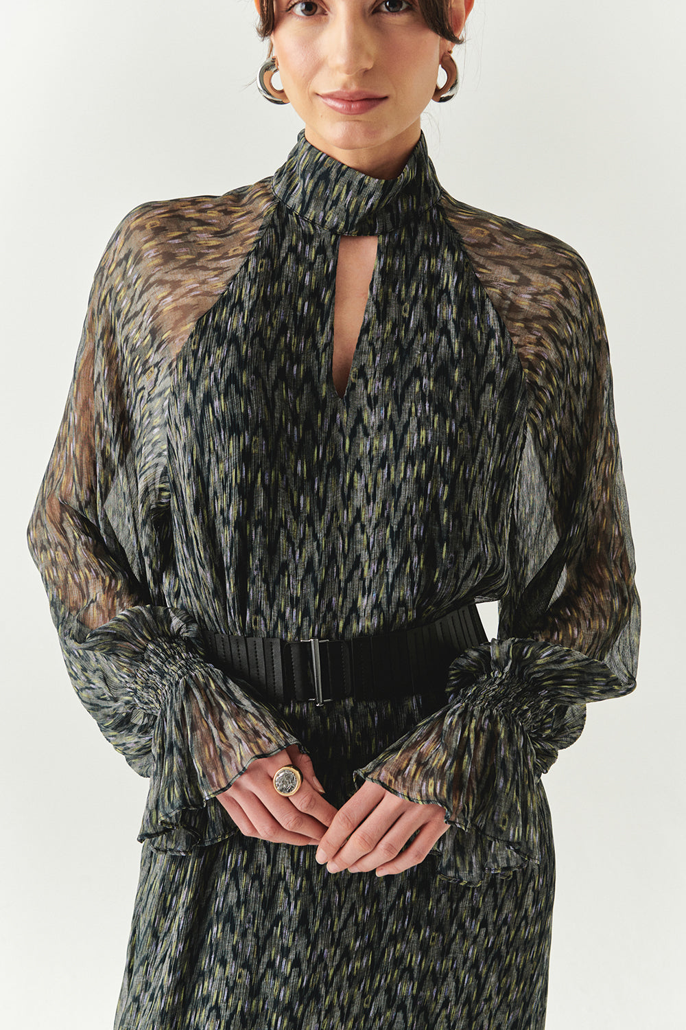 Exquise-Uzun Kollu Regular Kemerli Şifon Midi Çok Renkli Elbise-ELBİSE-4-Milagron.com