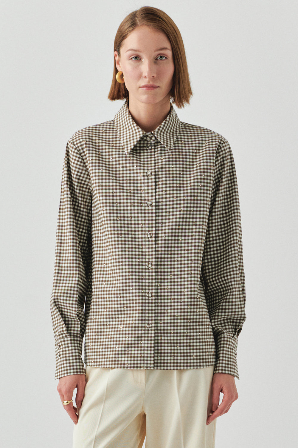 Exquise-Uzun Kollu Taş Detaylı Regular Ekose Krem Vizon Gömlek-GÖMLEK-2-Milagron.com