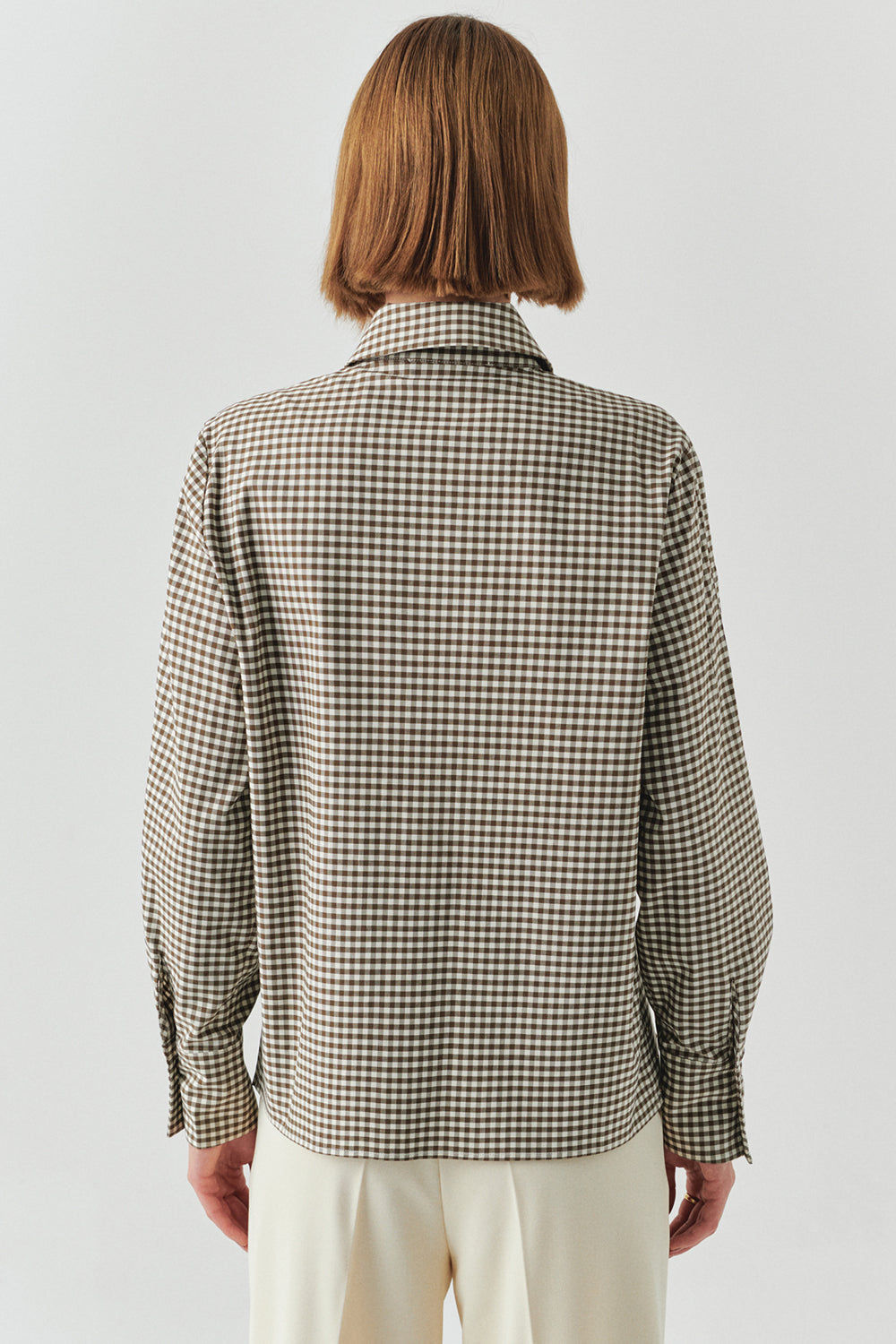 Exquise-Uzun Kollu Taş Detaylı Regular Ekose Krem Vizon Gömlek-GÖMLEK-4-Milagron.com