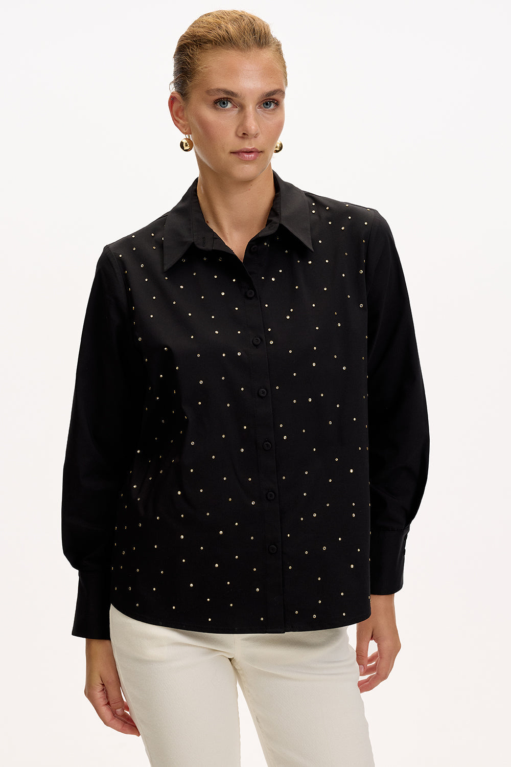 Exquise-Uzun Kollu Taş Detaylı Regular Ekose Siyah Gömlek-GÖMLEK-4-Milagron.com