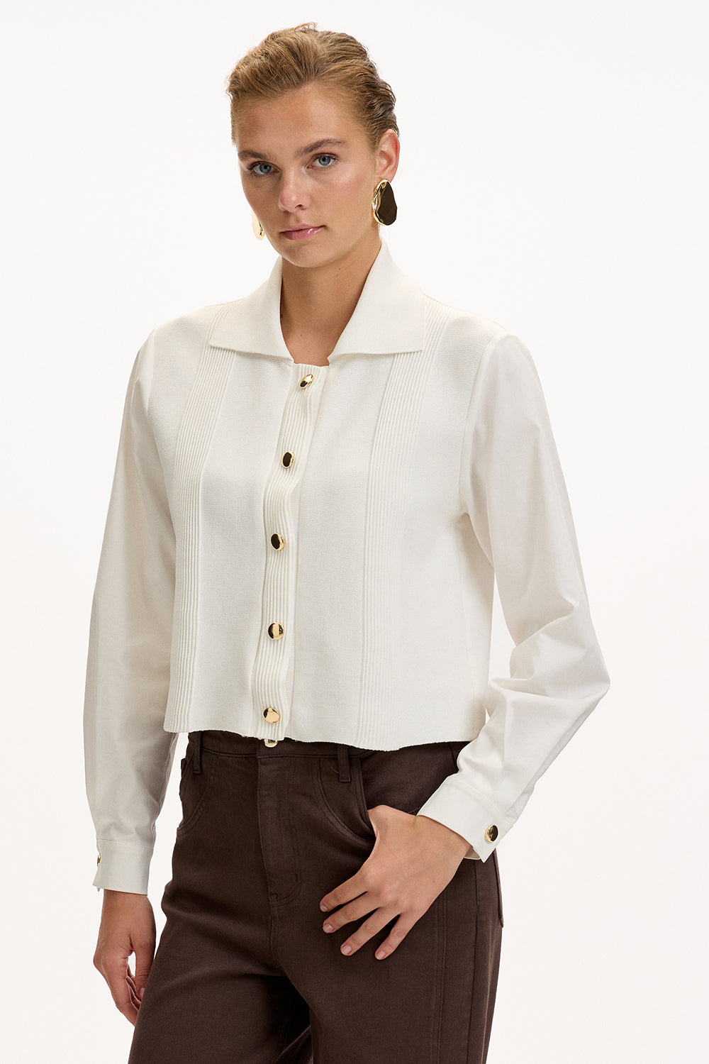 Exquise-Uzun Kollu Triko Garnili Poplin Regular Kemik Gömlek-GÖMLEK-3-Milagron.com