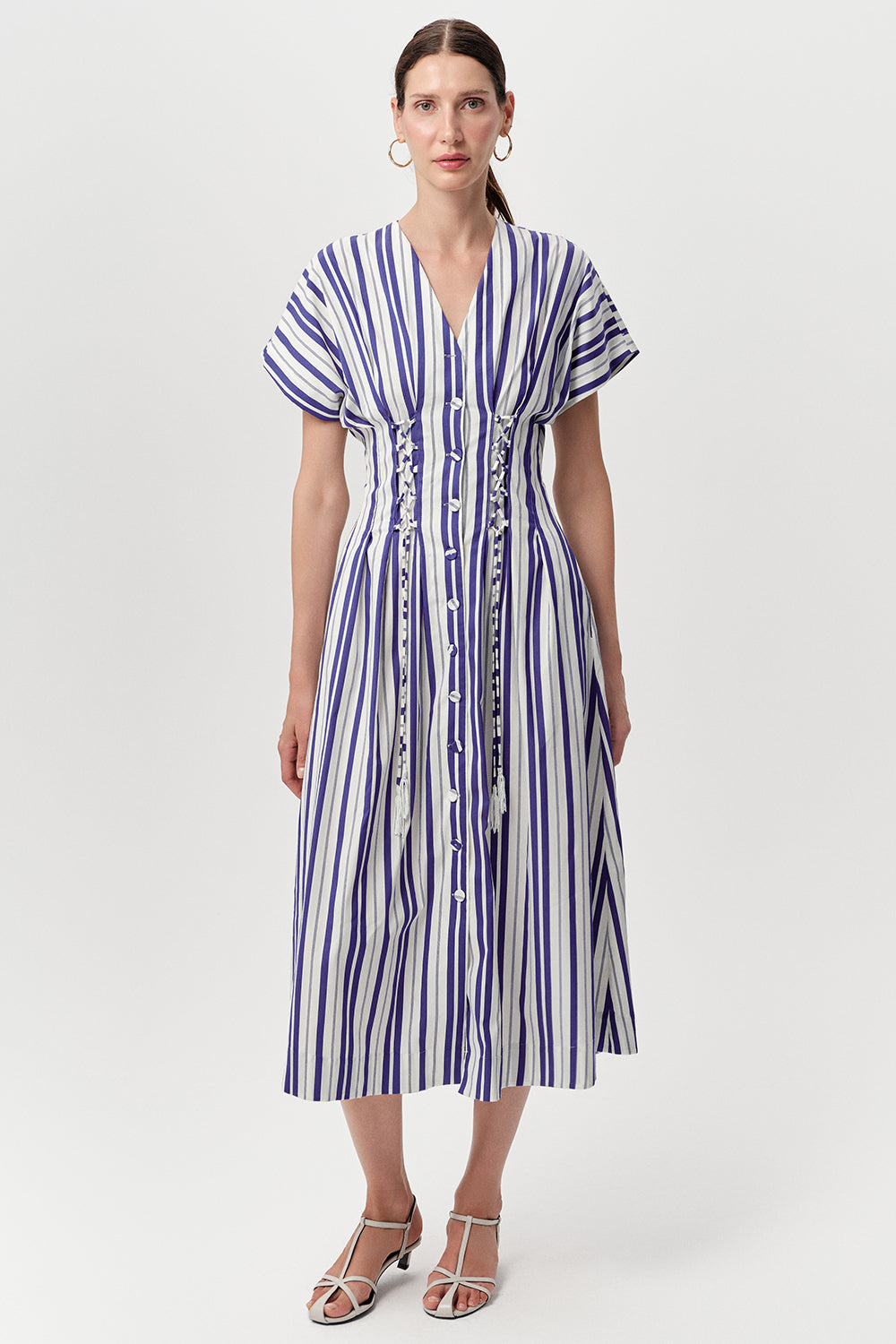 V Yaka Bele Oturan Cepli Regular Midi Saks Kemik Elbise