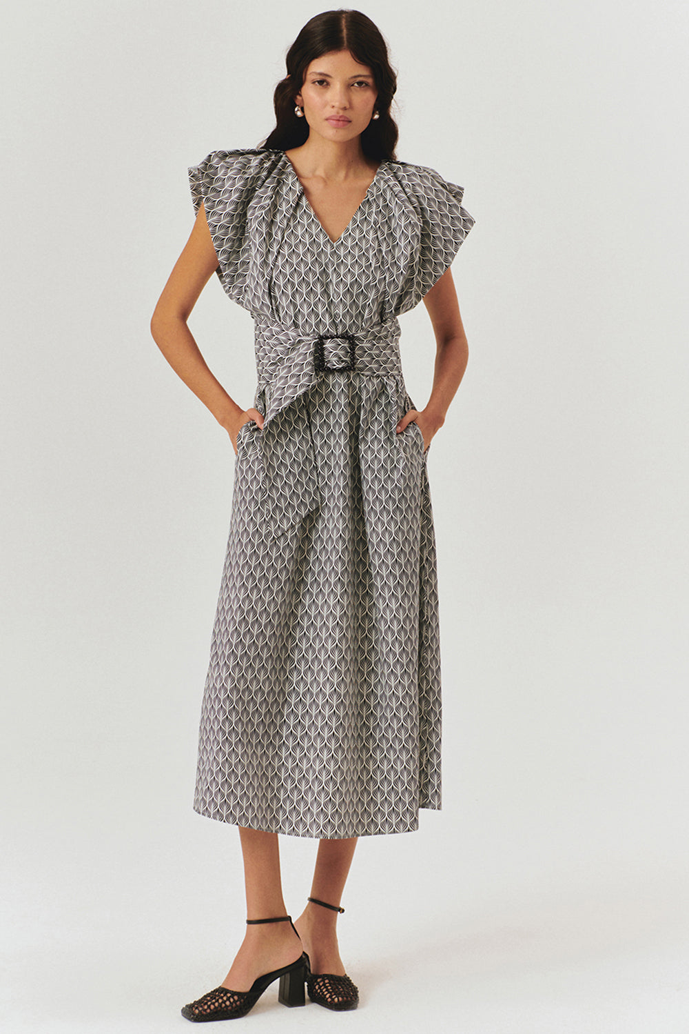 Exquise-V Yaka Düz Kesim Desenli Midi Boy Elbise-ELBİSE-1-Milagron.com