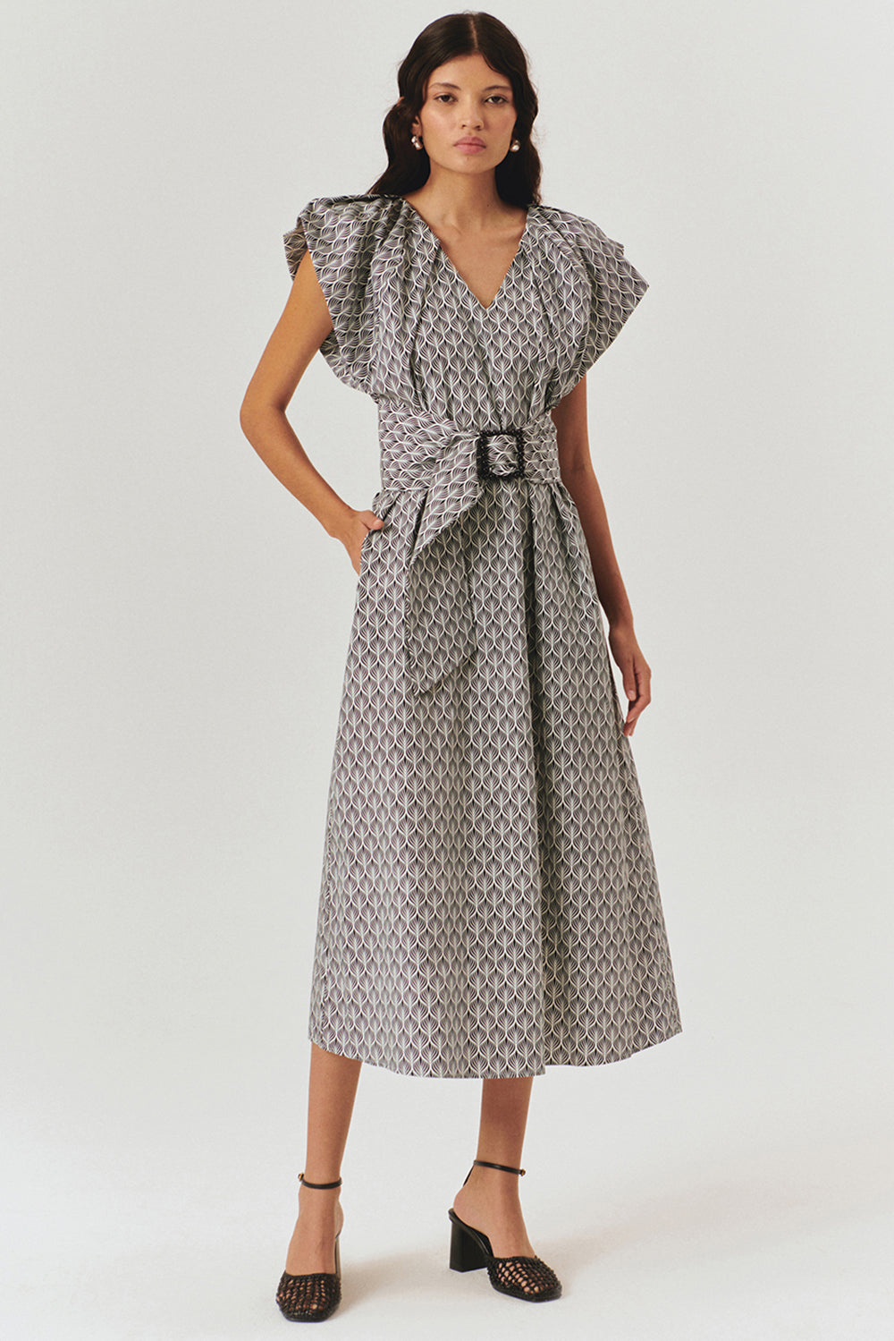 Exquise-V Yaka Düz Kesim Desenli Midi Boy Elbise-ELBİSE-2-Milagron.com