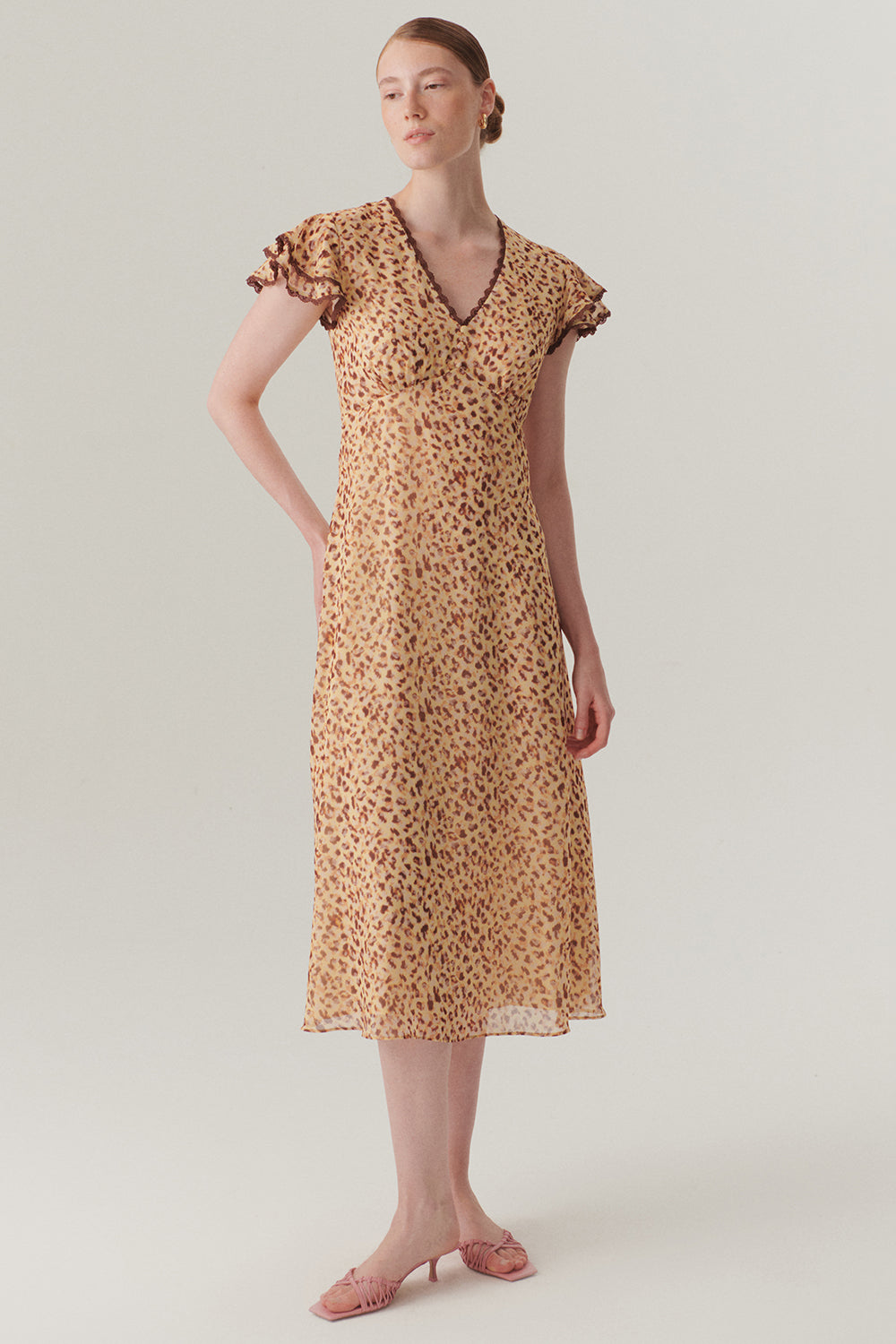 Exquise-V Yaka Kol Detaylı Desenli Midi Boy şifon Elbise-ELBİSE-2-Milagron.com