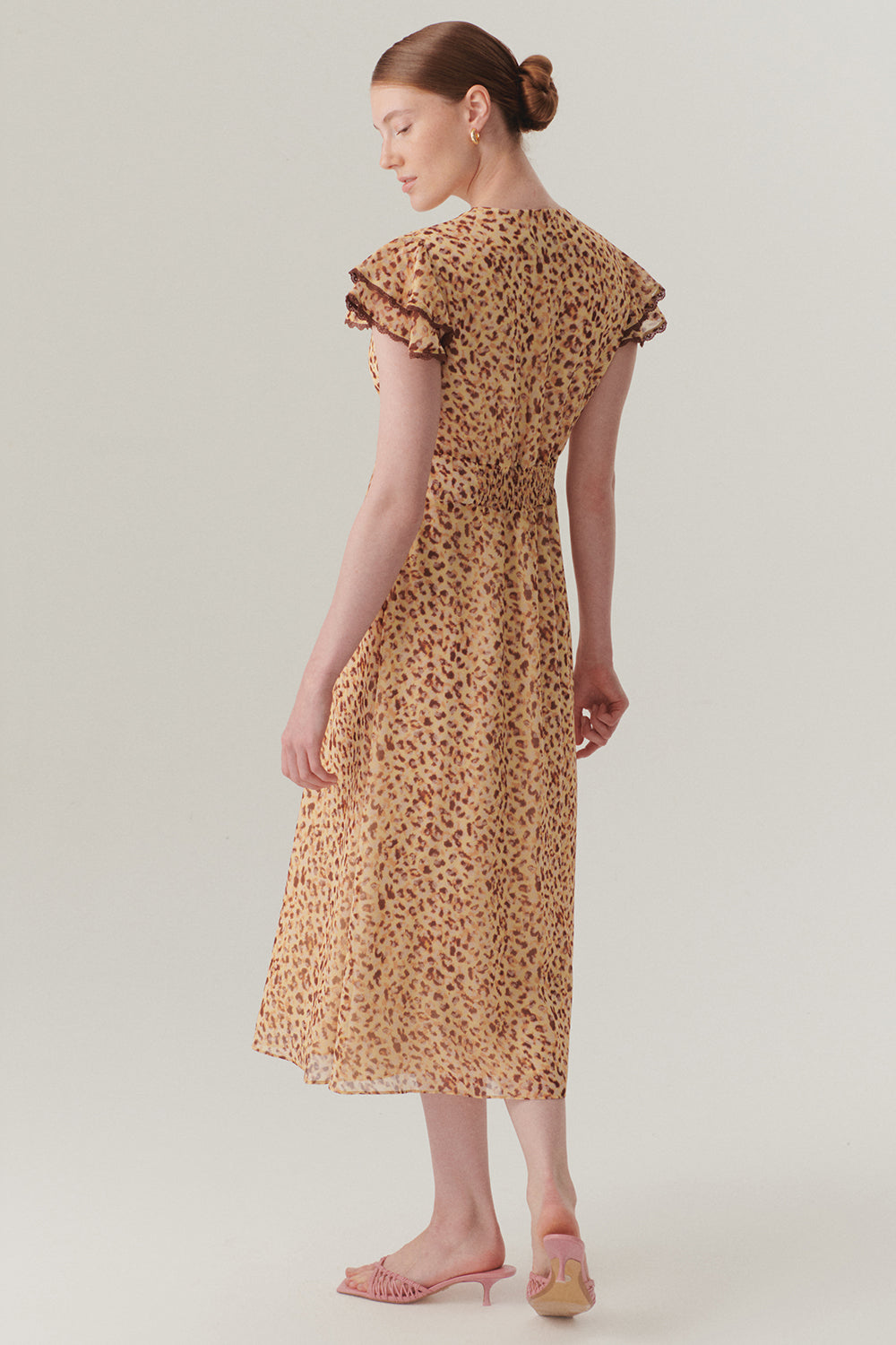 Exquise-V Yaka Kol Detaylı Desenli Midi Boy şifon Elbise-ELBİSE-4-Milagron.com