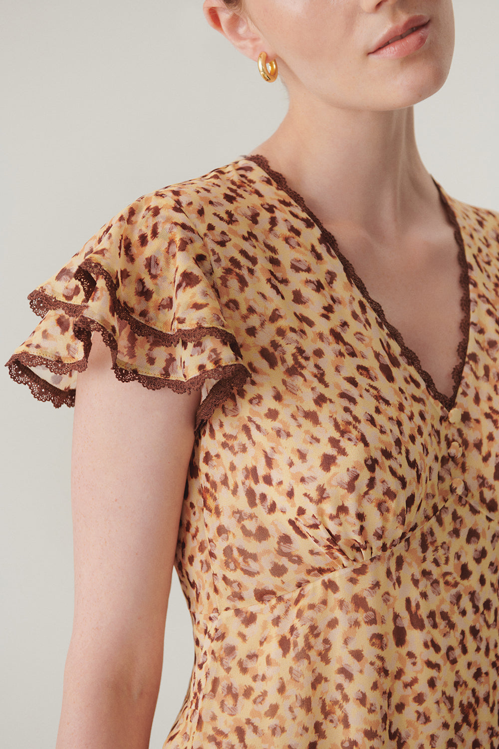 Exquise-V Yaka Kol Detaylı Desenli Midi Boy şifon Elbise-ELBİSE-5-Milagron.com