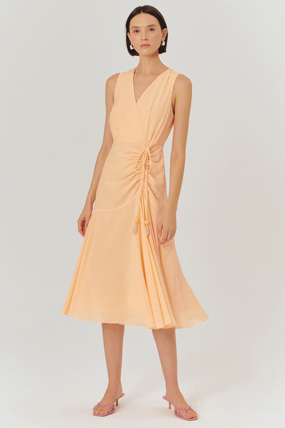 Exquise-V Yaka Kolsuz Büzgü Detaylı Regular Midi Boy Elbise-ELBİSE-1-Milagron.com