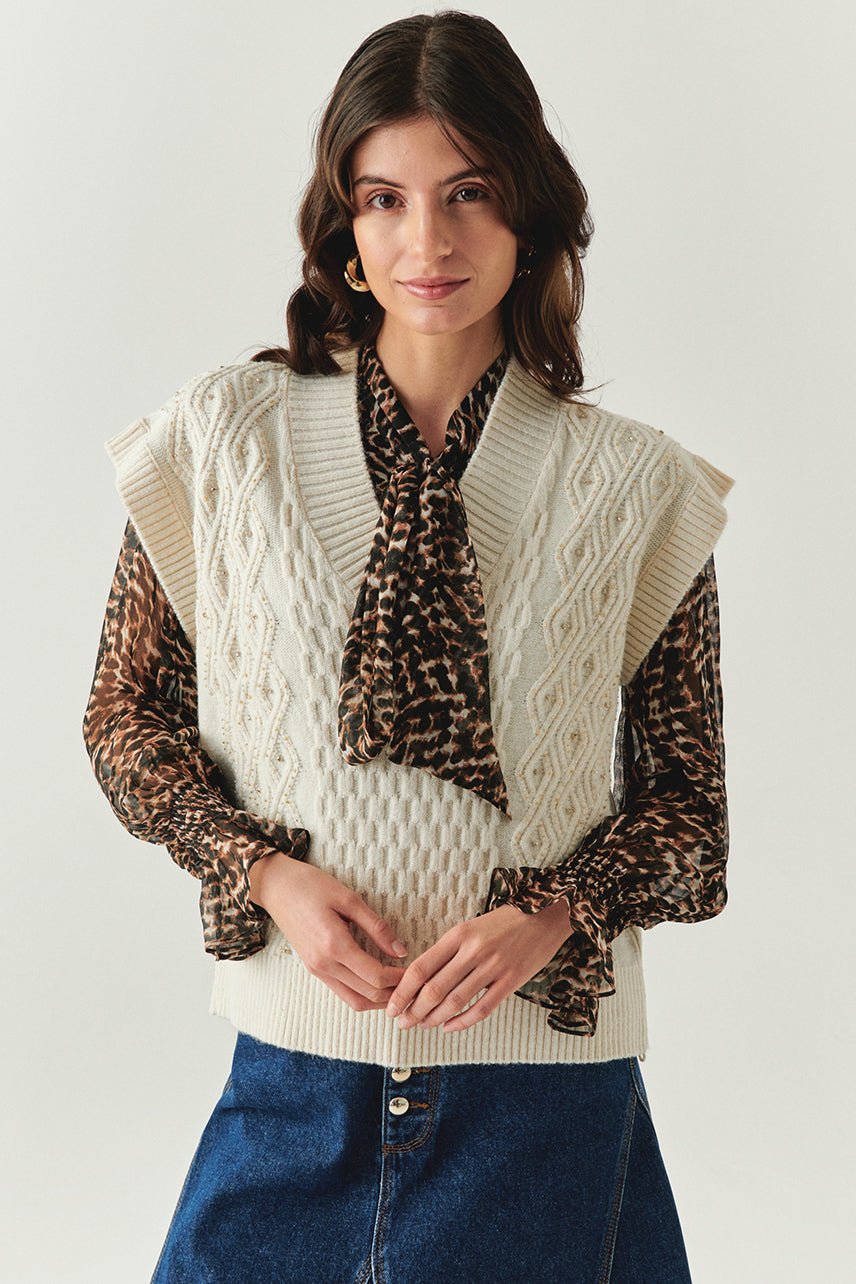 Exquise-V Yaka Taş İşlemeli Kolsuz Oversize Triko Ekru Süveter-SÜVETER-1-Milagron.com