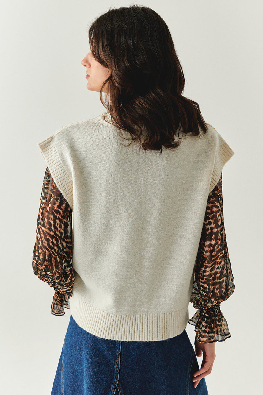 Exquise-V Yaka Taş İşlemeli Kolsuz Oversize Triko Ekru Süveter-SÜVETER-2-Milagron.com