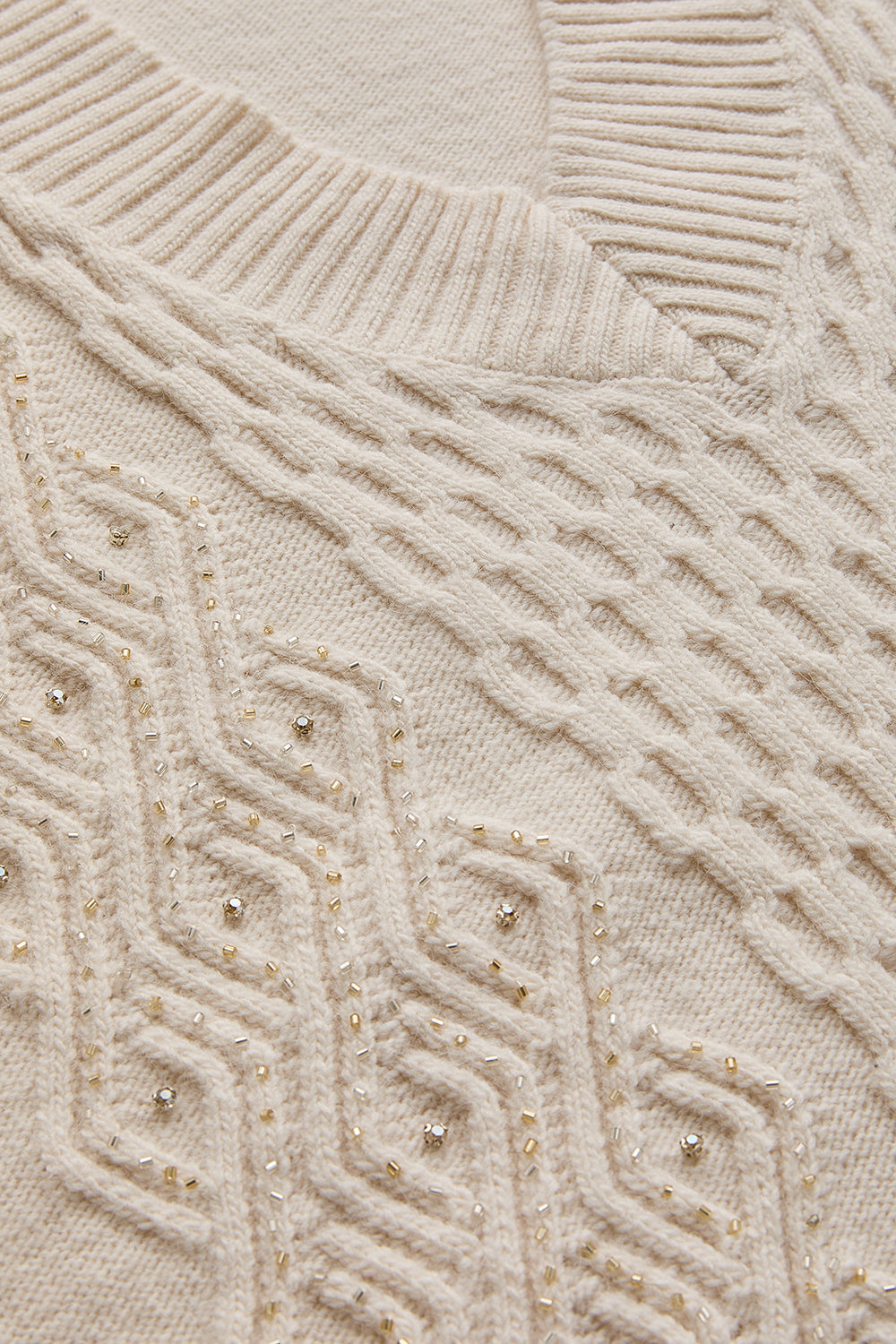 Exquise-V Yaka Taş İşlemeli Kolsuz Oversize Triko Ekru Süveter-SÜVETER-6-Milagron.com