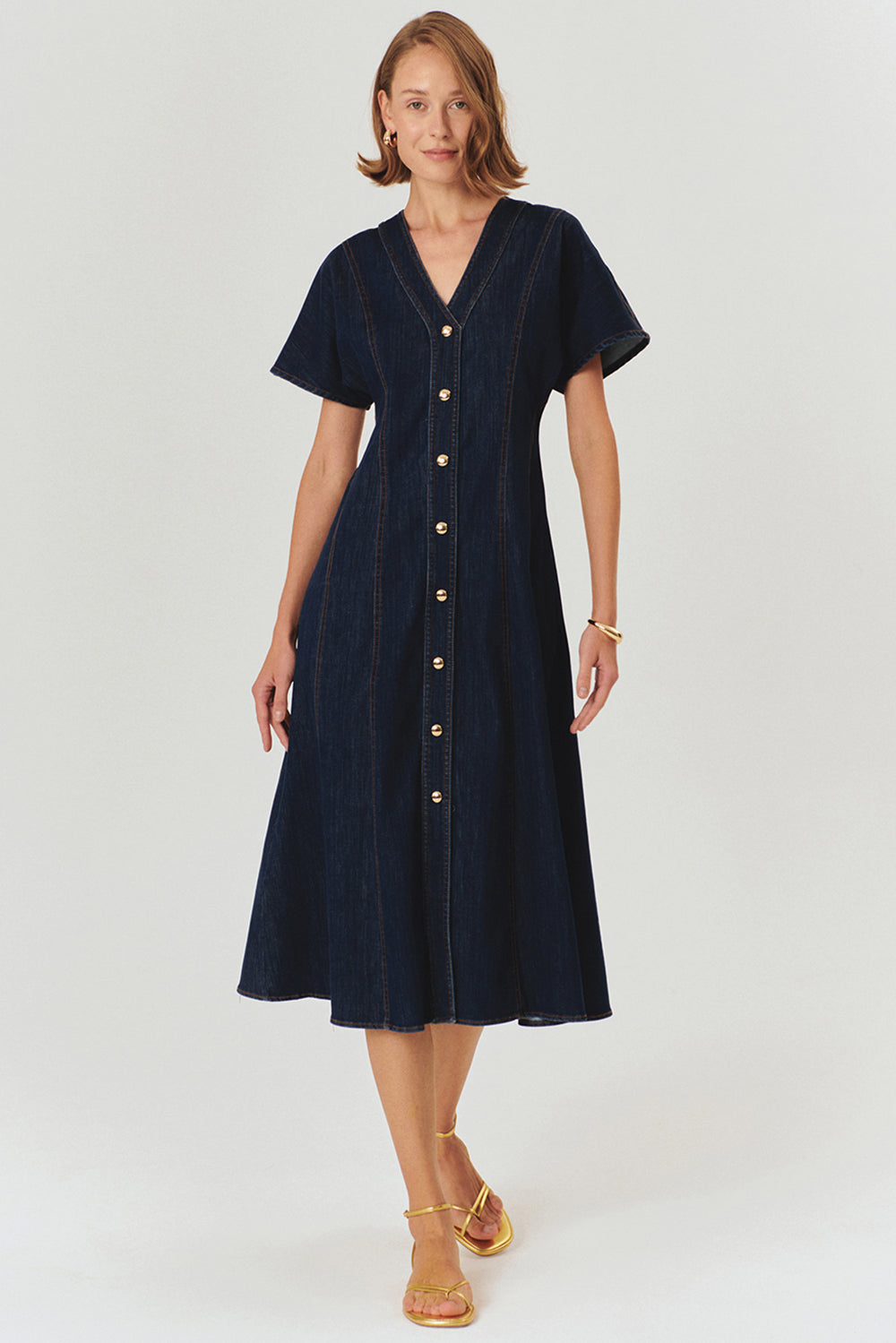 Exquise-V Yaka Yarasa Kol önden Düğmeli Regular Fit Midi Boy Elbise-ELBİSE-3-Milagron.com