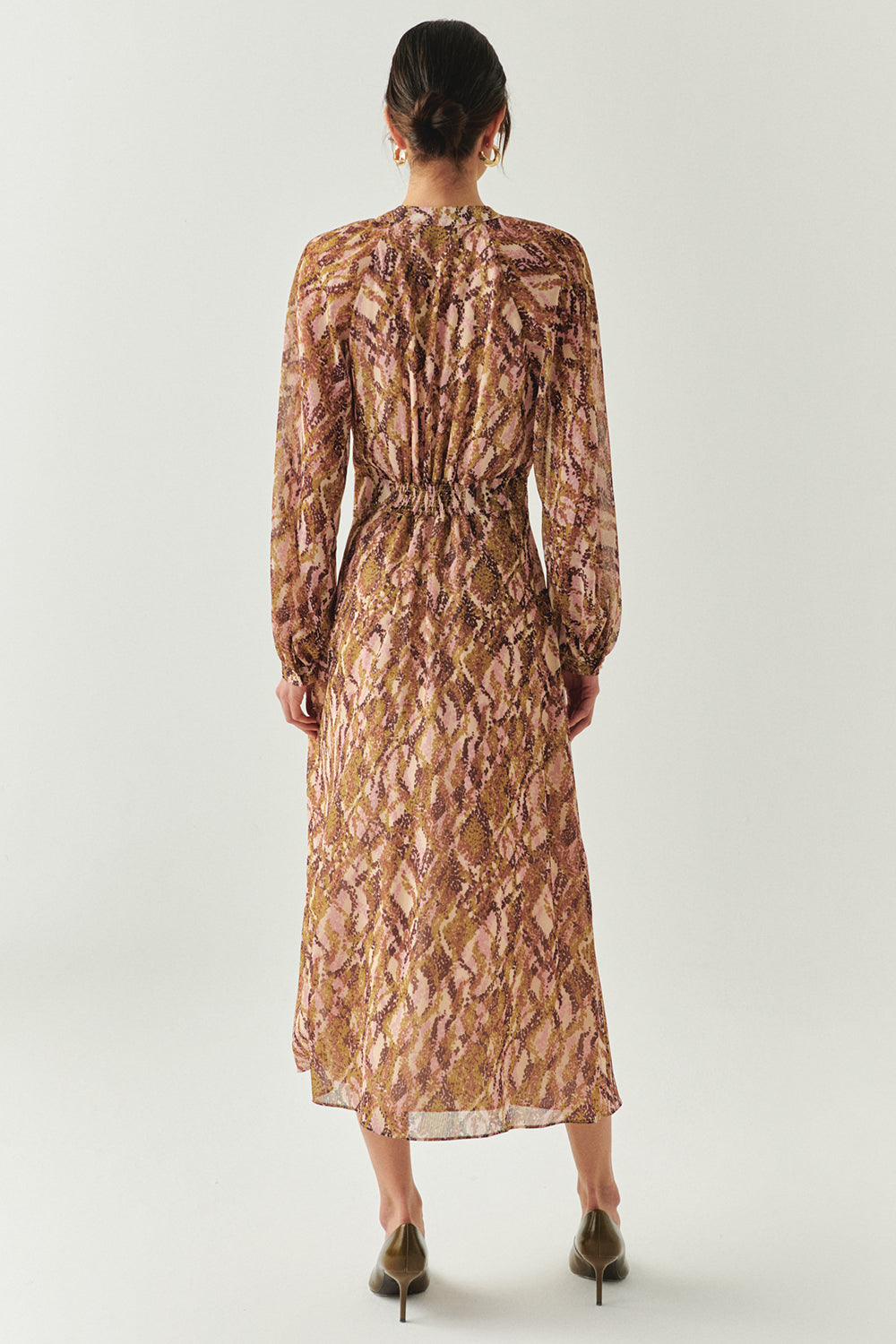 Exquise-Yakası Bağcıklı Bele Oturan Astarlı Regular çok Renkli Midi Elbise-ELBİSE-2-Milagron.com