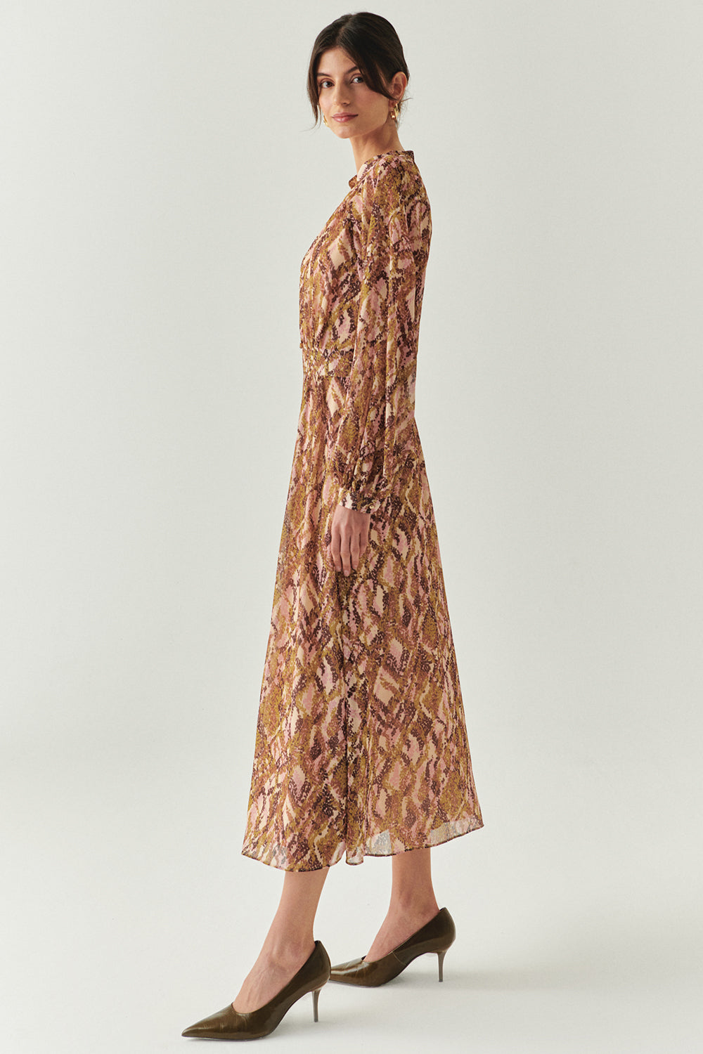 Exquise-Yakası Bağcıklı Bele Oturan Astarlı Regular çok Renkli Midi Elbise-ELBİSE-4-Milagron.com