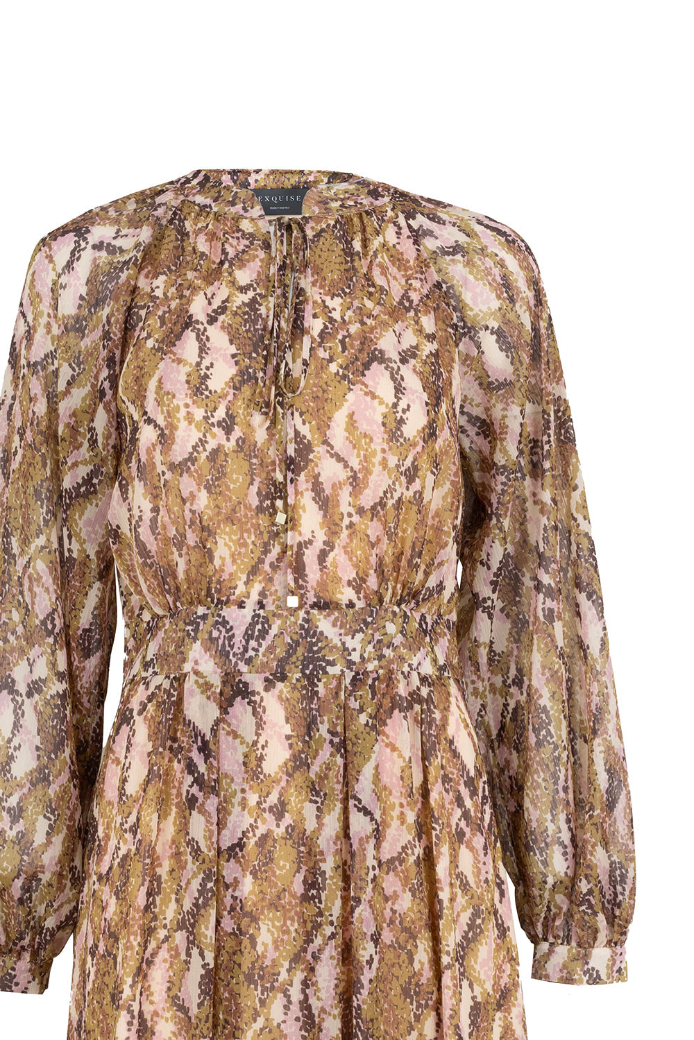 Exquise-Yakası Bağcıklı Bele Oturan Astarlı Regular çok Renkli Midi Elbise-ELBİSE-7-Milagron.com