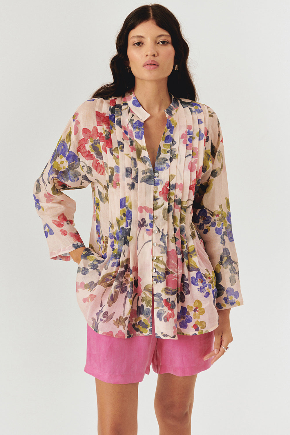 Exquise-Yakasız Rahat Kalıp Floral Desen Bluz-BLUZ-5-Milagron.com