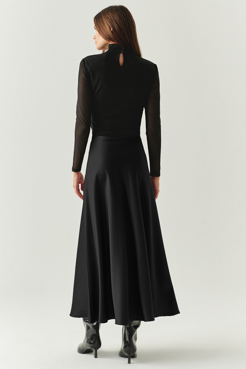 Exquise-Yandan Fermuarlı Yüksek Bel Grogren Detaylı Saten Regular Siyah Midi Etek-ETEK-2-Milagron.com