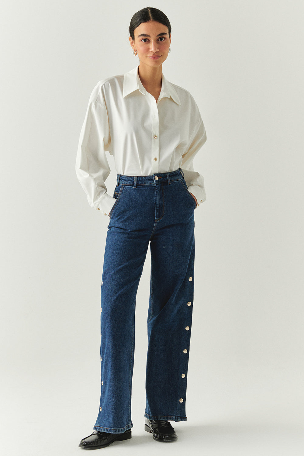 Exquise-Yanları çıt çıtlı Cepli Geniş Paça Regular Denim İndigo Pantolon-JEAN-1-Milagron.com