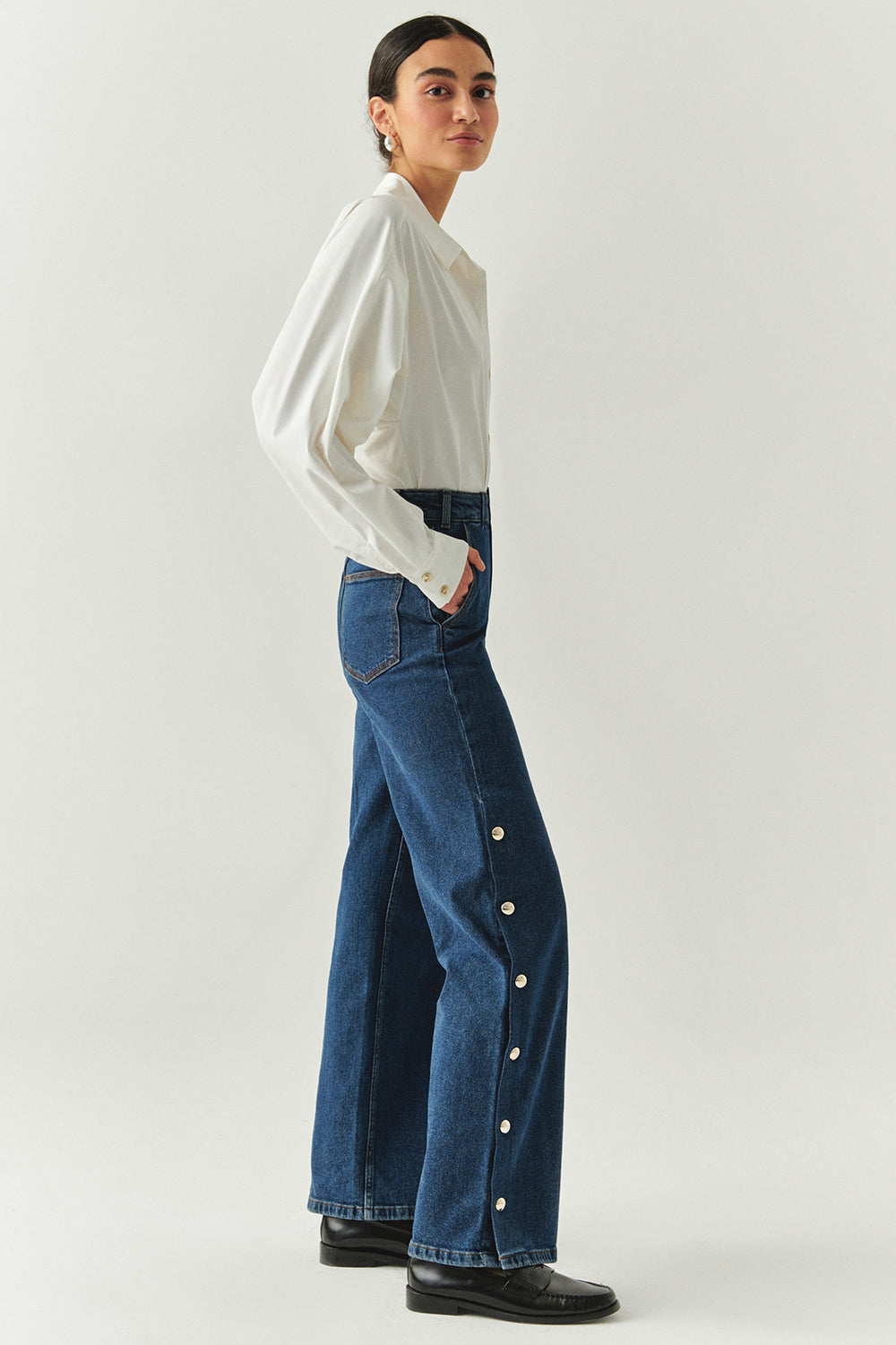 Exquise-Yanları çıt çıtlı Cepli Geniş Paça Regular Denim İndigo Pantolon-JEAN-3-Milagron.com