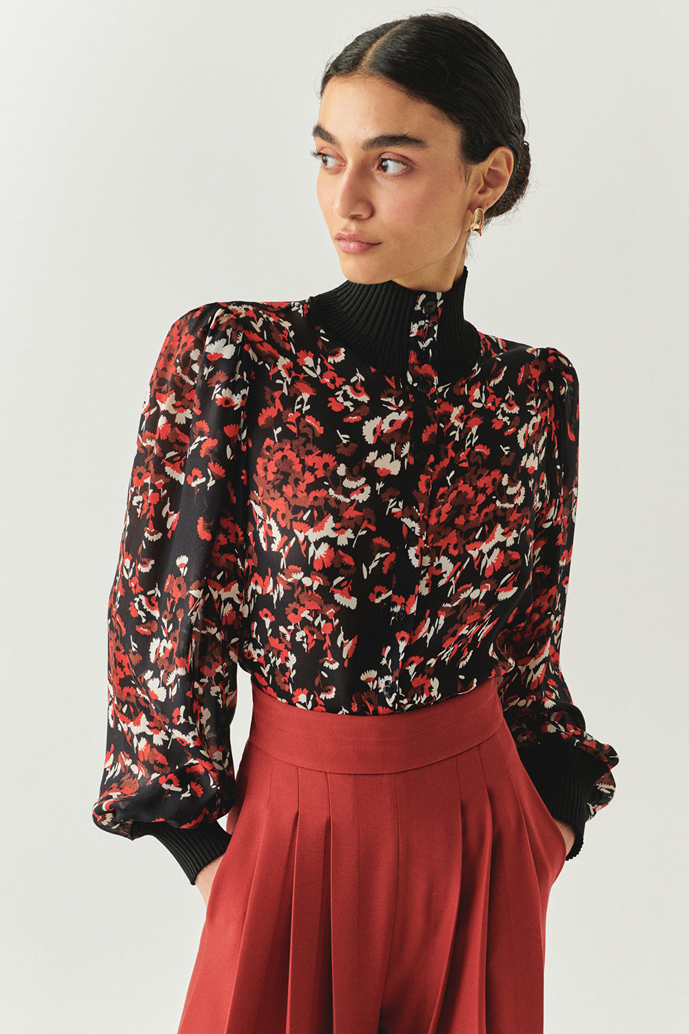 Exquise-Yarım Balıkçı Yaka Uzun Kollu şifon Regular Desenli Gömlek-GÖMLEK-1-Milagron.com