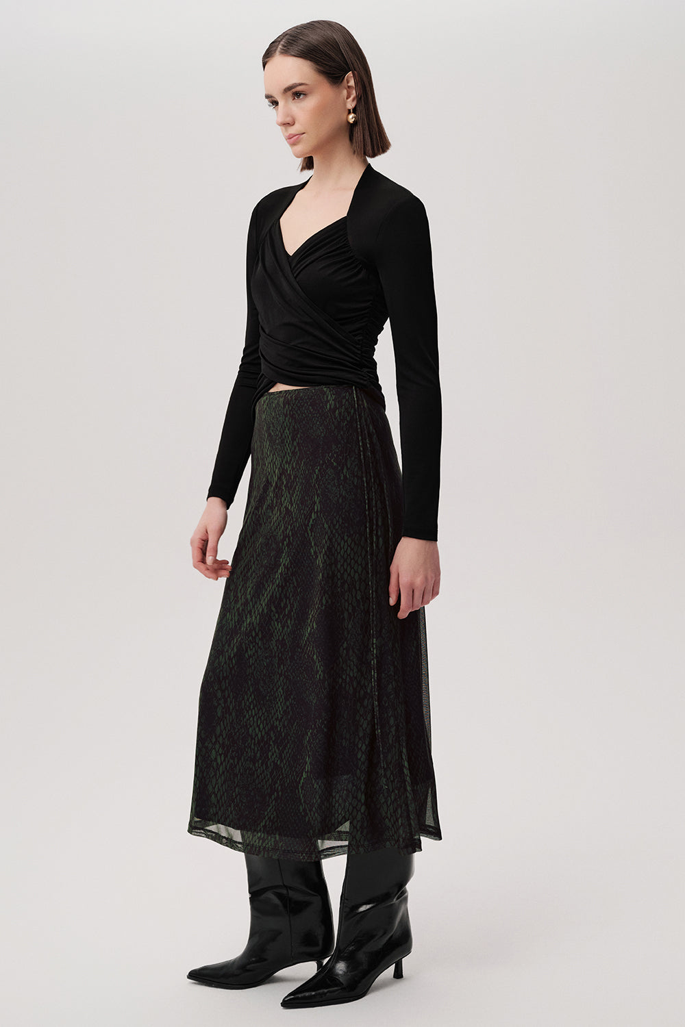 Exquise-Yılan Desenli Slim Fit Tül Midi Yeşil Etek-ETEK-3-Milagron.com