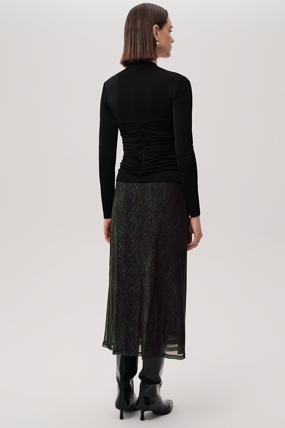 Exquise-Yılan Desenli Slim Fit Tül Midi Yeşil Etek-ETEK-4-Milagron.com