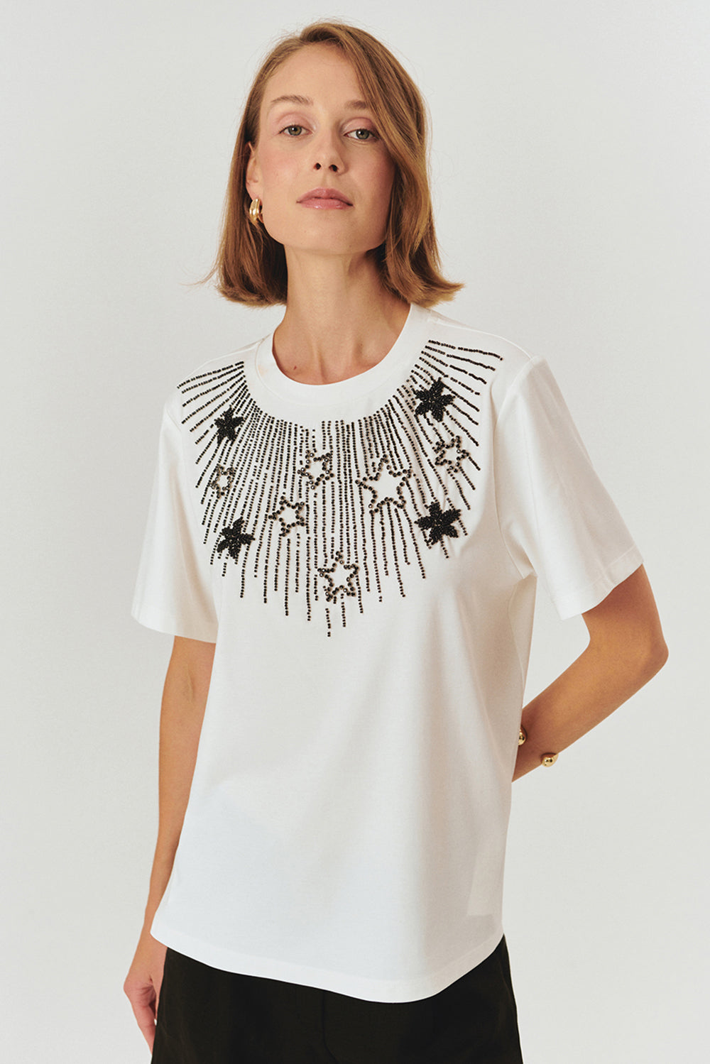 Exquise-Yıldız İşlemeli Bisiklet Yaka Regular örme Tişört-T-Shirts-1-Milagron.com