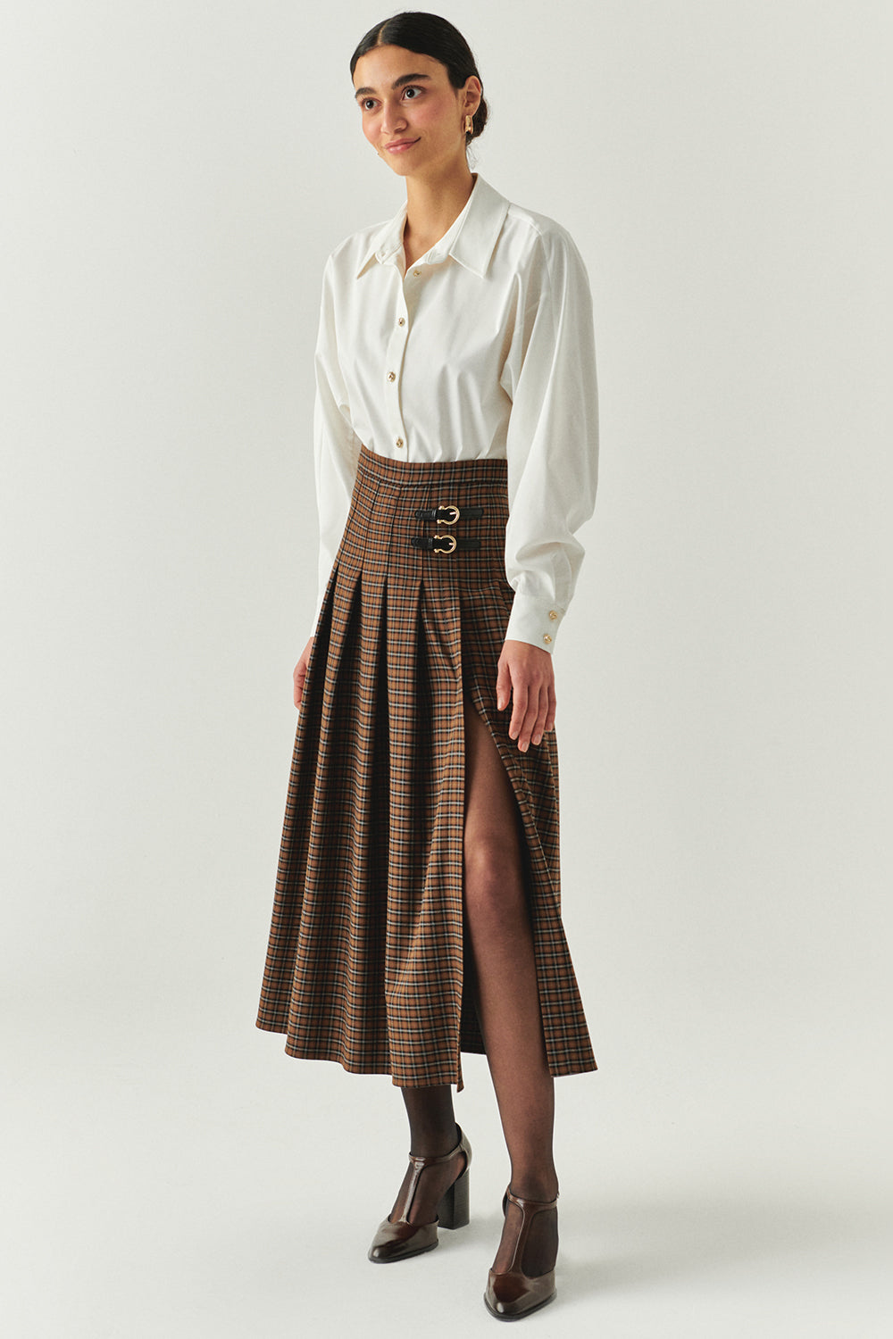 Exquise-Yırtmaç Detaylı Ekose Deri Tokalı Regular çok Renkli Midi Etek-ETEK-1-Milagron.com