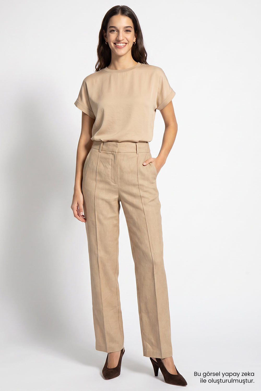 Exquise-Yüksek Bel Keten Karışımlı Regular Pantolon – Camel-Pantolon-1-Milagron.com