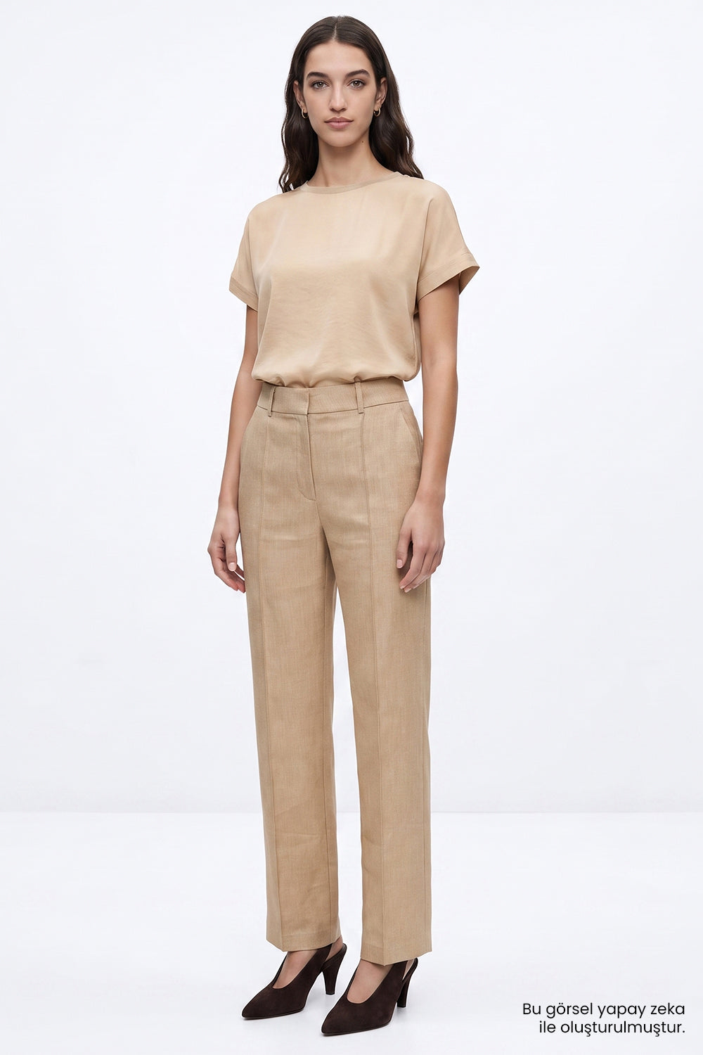 Exquise-Yüksek Bel Keten Karışımlı Regular Pantolon – Camel-Pantolon-2-Milagron.com