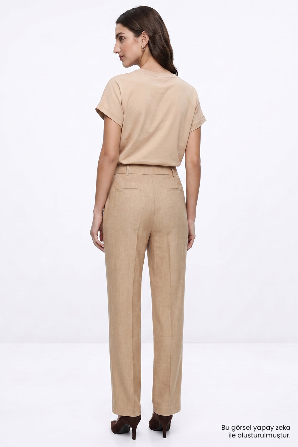 Exquise-Yüksek Bel Keten Karışımlı Regular Pantolon – Camel-Pantolon-3-Milagron.com