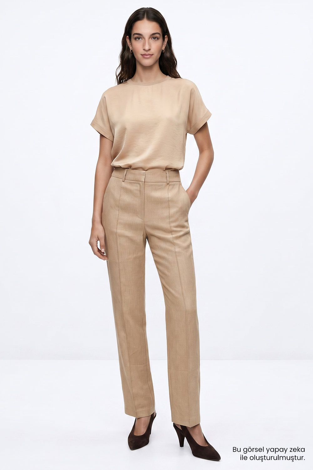 Exquise-Yüksek Bel Keten Karışımlı Regular Pantolon – Camel-Pantolon-7-Milagron.com