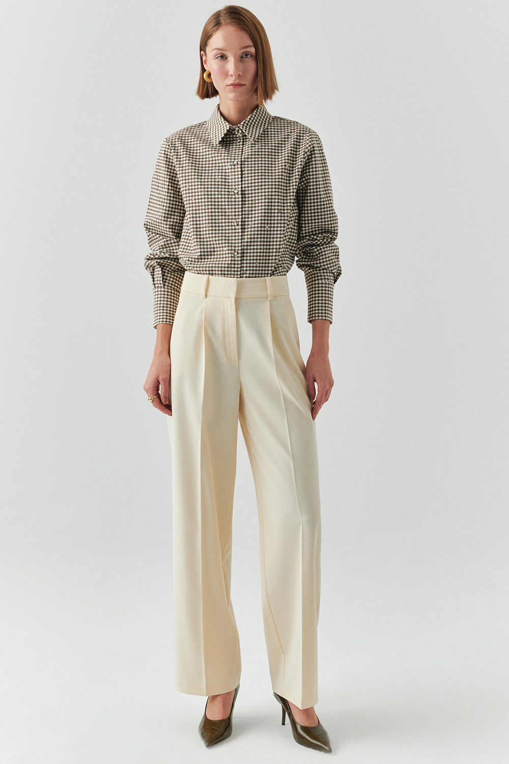 Exquise-Yüksel Bel Düz Kesim Cepli Regular Ekru Pantolon-PANTOLON-1-Milagron.com