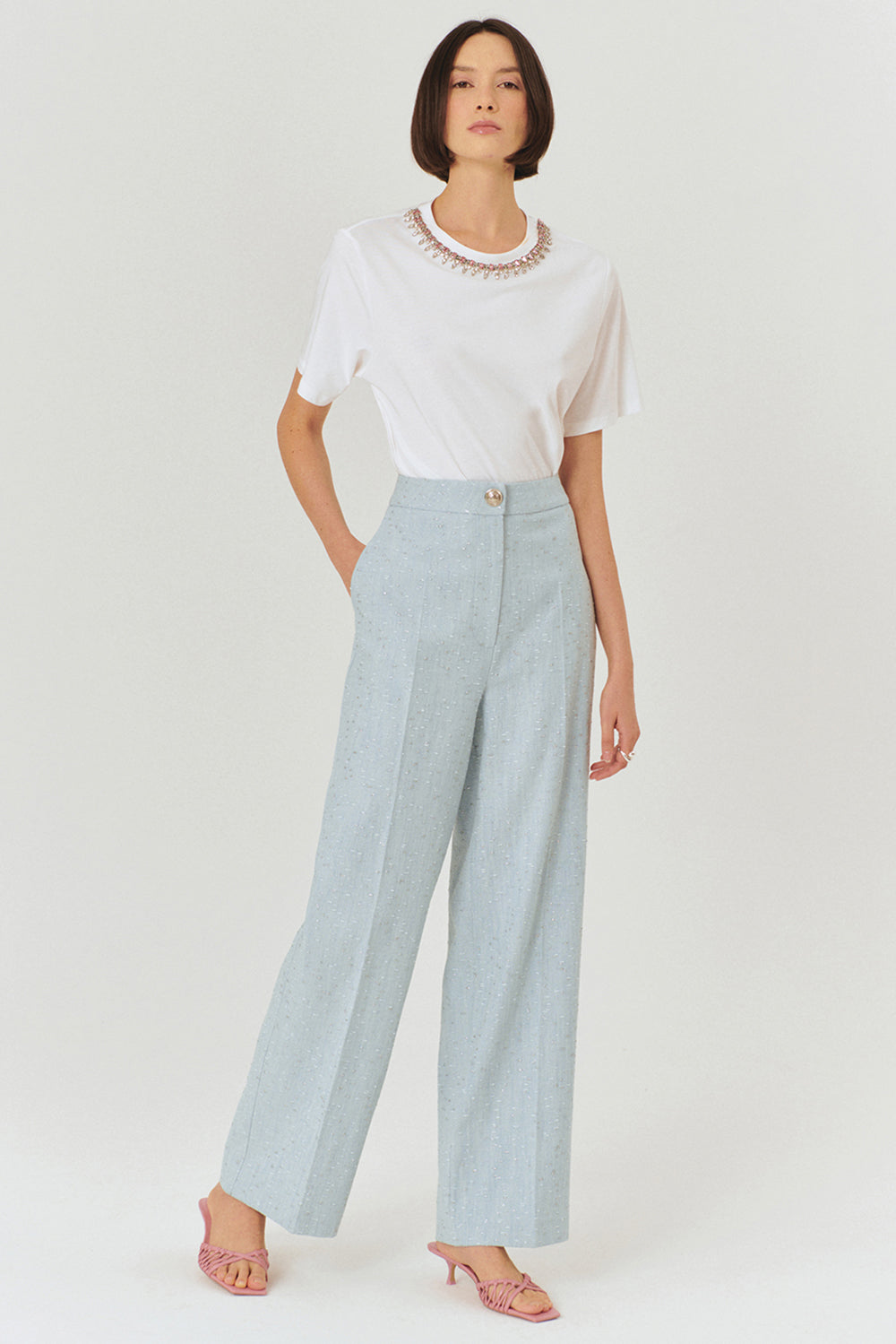 Exquise-Yüksel Bel Düz Kesim Parlak Kumaş Detaylı Mavi Pantolon-PANTOLON-1-Milagron.com