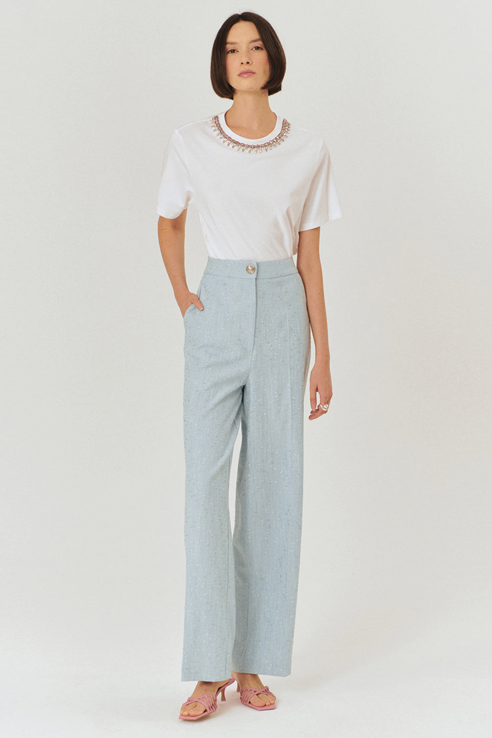 Exquise-Yüksel Bel Düz Kesim Parlak Kumaş Detaylı Mavi Pantolon-PANTOLON-2-Milagron.com