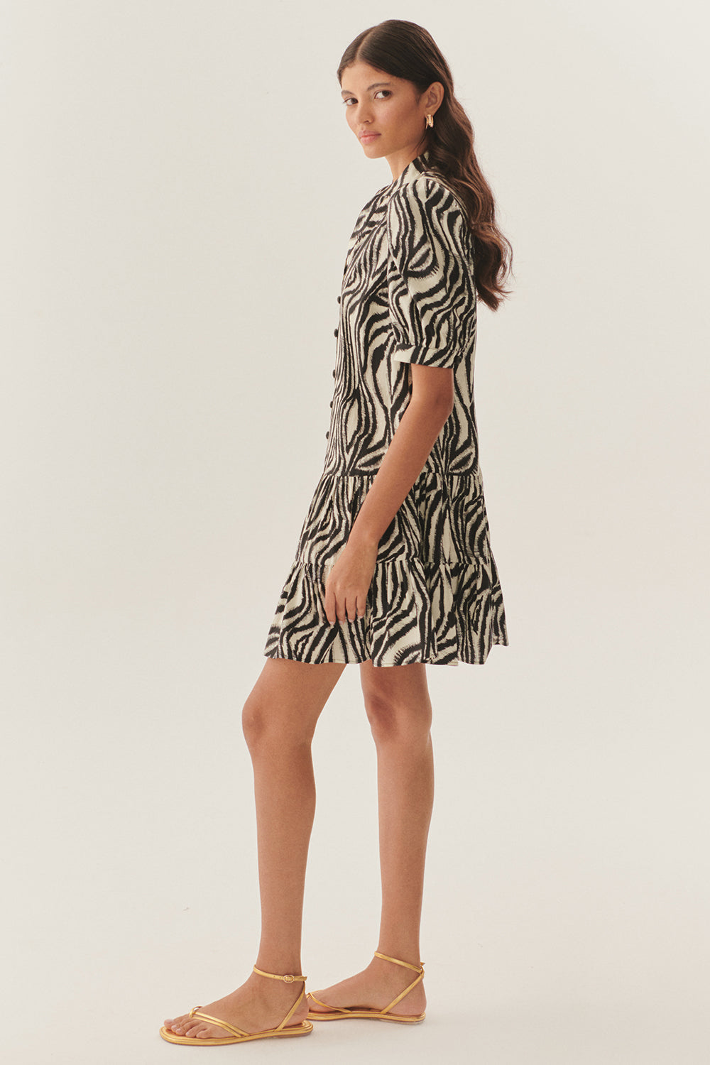 Exquise-Zebra Desenli Pileli Kısa Kollu Regular Pamuklu Mini Elbise-ELBİSE-3-Milagron.com