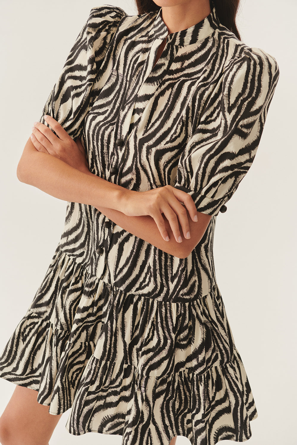 Exquise-Zebra Desenli Pileli Kısa Kollu Regular Pamuklu Mini Elbise-ELBİSE-5-Milagron.com