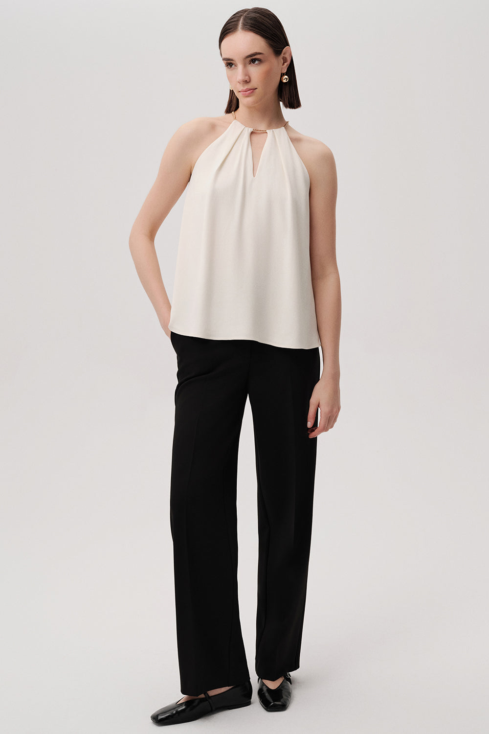 Exquise-Zincir Detaylı Halter Yaka Regular Krem Bluz-BLUZ-3-Milagron.com