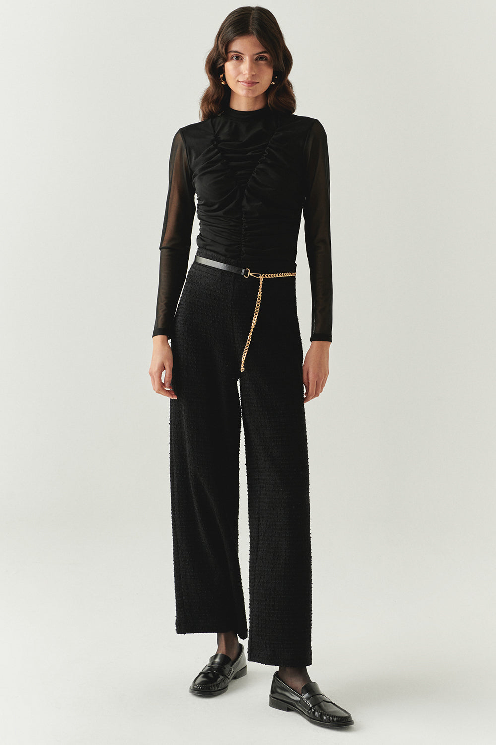 Exquise-Zincir Kemerli Regular Dokuma Siyah Pantolon-PANTOLON-4-Milagron.com