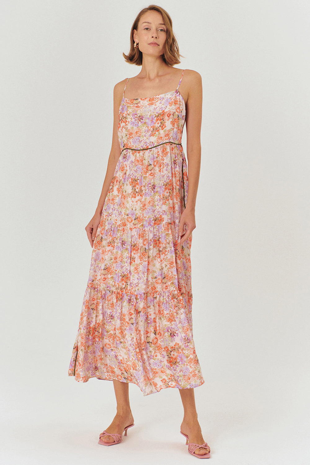 Exquise-çiçek Desenli Askılı Midi Elbise-ELBİSE-1-Milagron.com