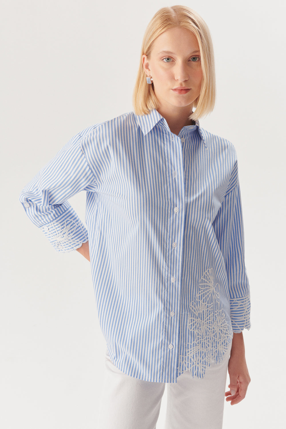 Exquise-çiçek İşlemeli Mavi çizgili Regular Gömlek-Gömlek-5-Milagron.com