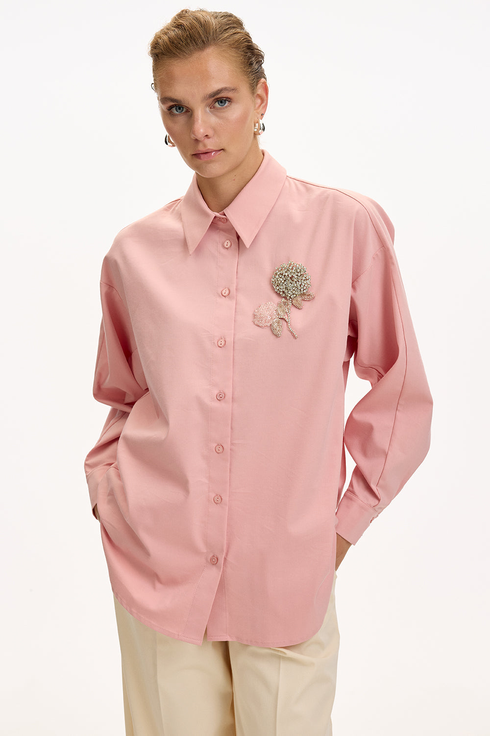 Exquise-çiçek Taş İşlemeli Uzun Kollu Regular Gül Kurusu Gömlek-GÖMLEK-3-Milagron.com