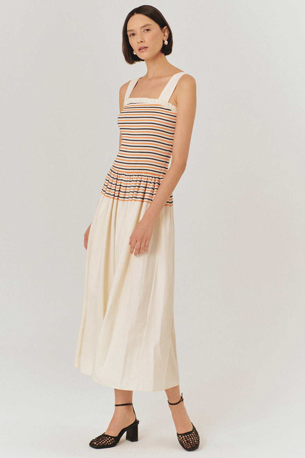 Exquise-çizgi Desenli Pileli Asklı Elbise-ELBİSE-2-Milagron.com