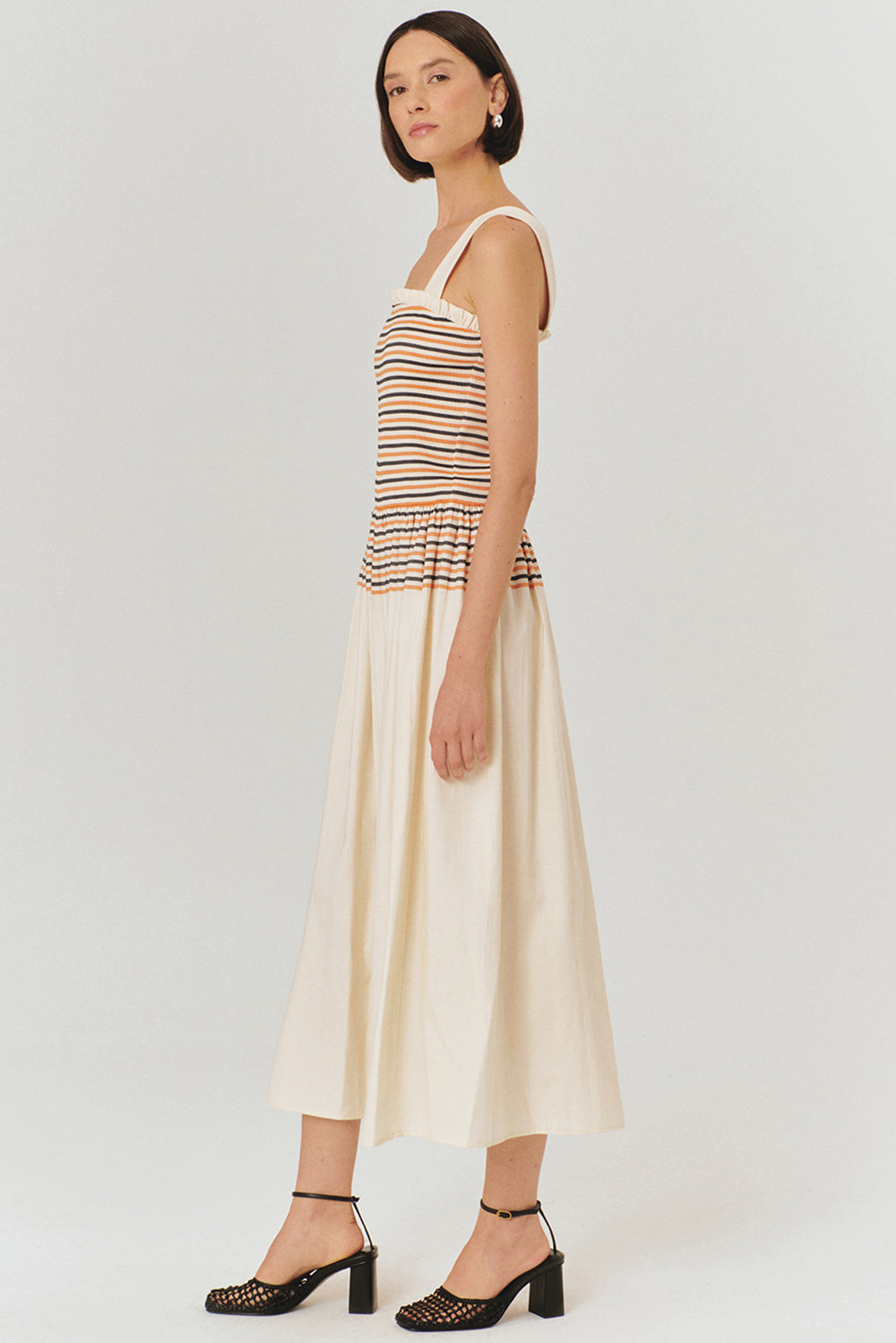 Exquise-çizgi Desenli Pileli Asklı Elbise-ELBİSE-3-Milagron.com