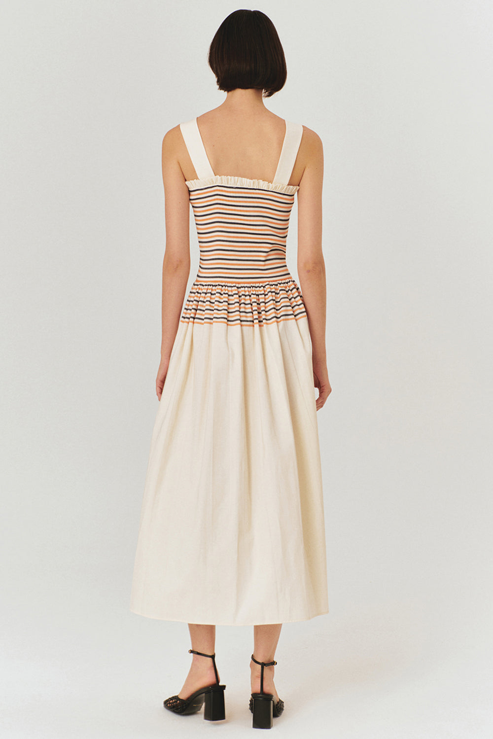 Exquise-çizgi Desenli Pileli Asklı Elbise-ELBİSE-4-Milagron.com