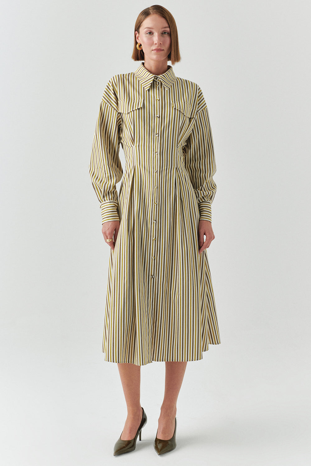 Exquise-çizgili Gömlek Yaka Uzun Kollu Slim Fit çok Renkli Midi Elbise-ELBİSE-2-Milagron.com