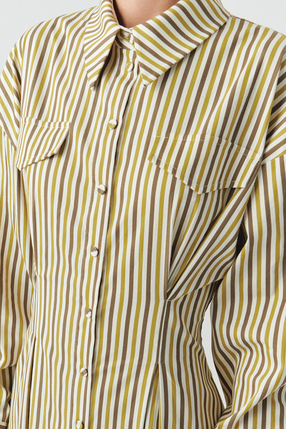 Exquise-çizgili Gömlek Yaka Uzun Kollu Slim Fit çok Renkli Midi Elbise-ELBİSE-4-Milagron.com