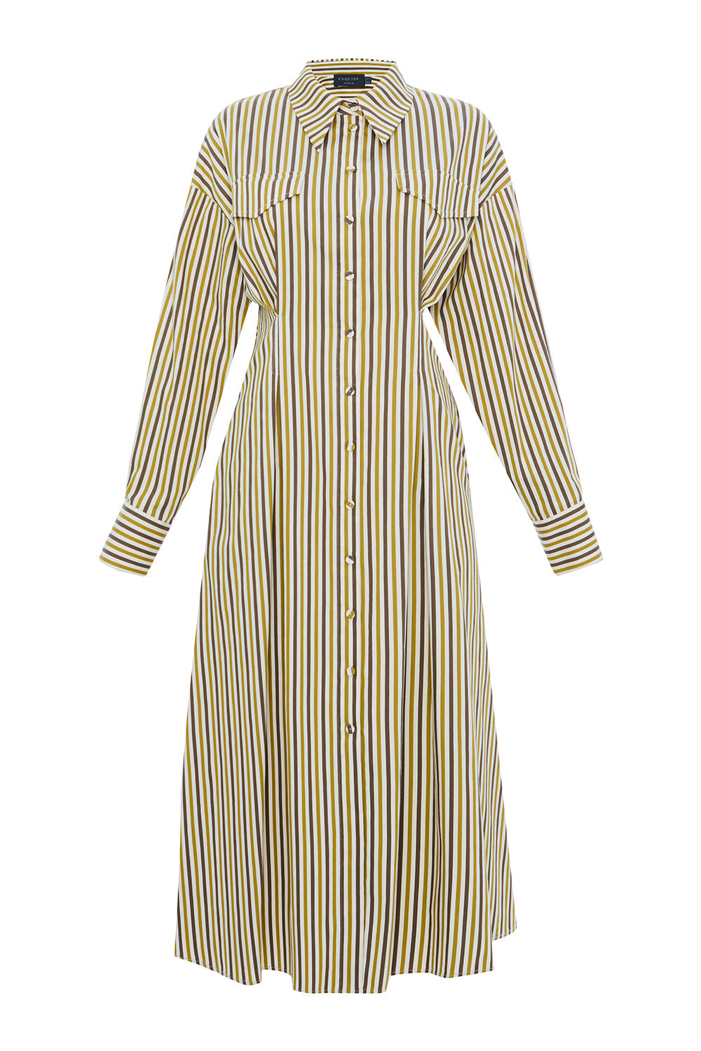 Exquise-çizgili Gömlek Yaka Uzun Kollu Slim Fit çok Renkli Midi Elbise-ELBİSE-7-Milagron.com